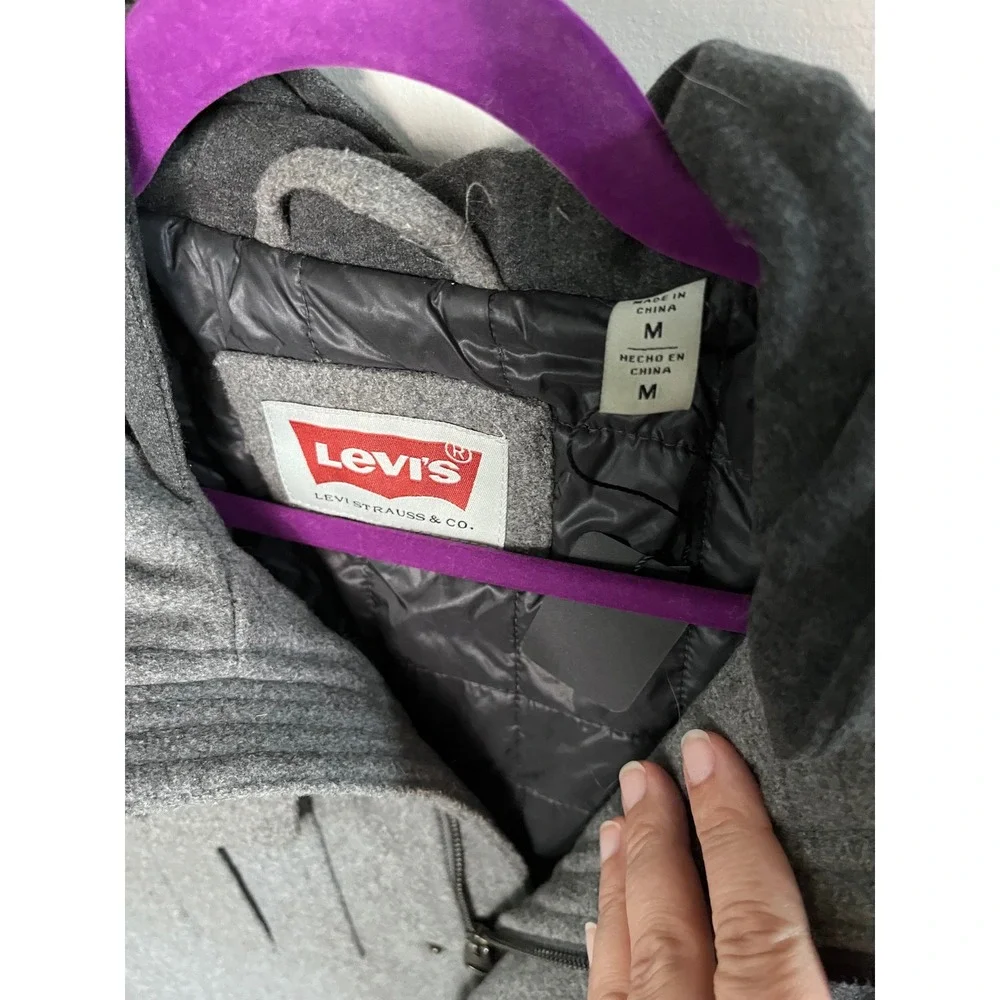 Levis Mens Gray Wool Blend Hooded Military Field Jacket Size M Epaulets Quilted